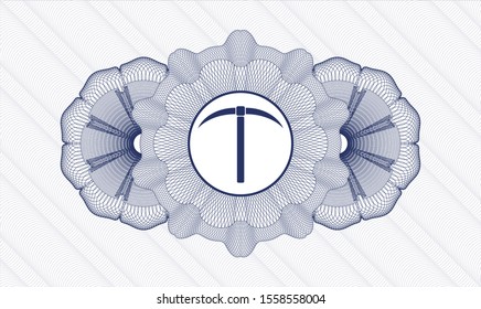 Blue passport money style rosette with pickaxe icon inside