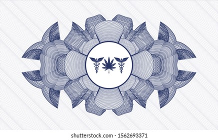 Blue passport money style rosette with medicinal weed icon inside