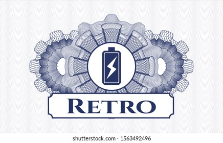 Blue passport money style rosette with battery charging icon and Retro text inside