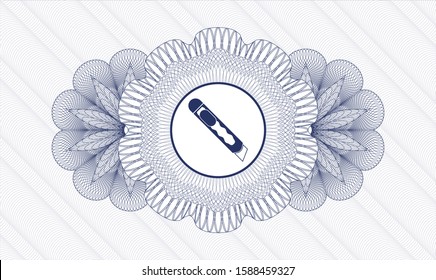 Blue passport money style rosette with cutter icon inside