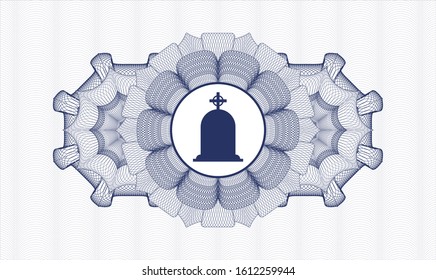 Blue passport money style rosette with tombstone icon inside