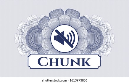 Blue passport money style rosette with mute icon and Chunk text inside