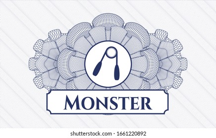 Blue passport money style rosette with hand gripper icon and Monster text inside