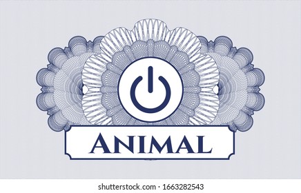 Blue passport money style rosette with power icon and Animal text inside