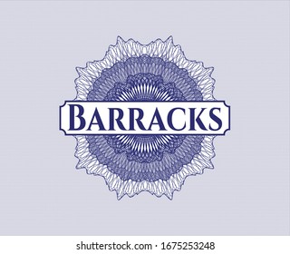 Blue passport money style rosette with text Barracks inside