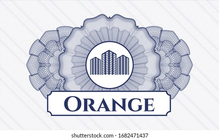 Blue passport money style rosette with buildings icon and Orange text inside