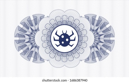 Blue passport money style rosette with bug icon inside