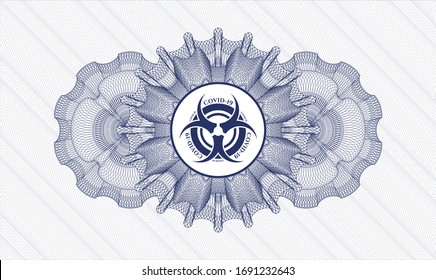 Blue passport money style rosette with biohazard covid-19 icon inside