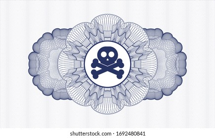 Blue passport money style rosette with crossbones icon inside