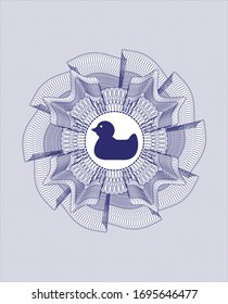 Blue passport money style rosette with rubber duck icon inside