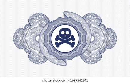 Blue passport money style rosette with crossbones icon inside