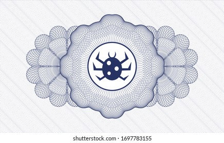 Blue passport money style rosette with bug icon inside