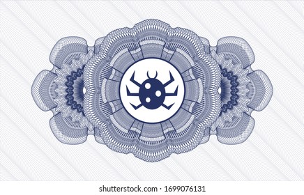 Blue passport money style rosette with bug icon inside