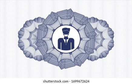 Blue passport money style rosette with man wearing face mask icon inside