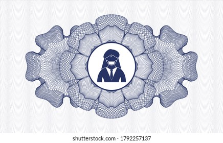 Blue passport money style rosette. Vector Illustration. Detailed with woman wearing face mask icon inside