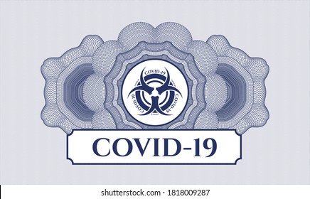 Blue passport money style rosette. Vector Illustration. Detailed with biohazard covid-19 icon and COVID-19 text inside