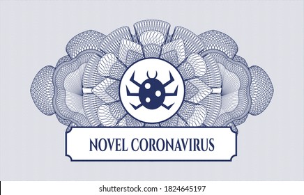 Blue passport money style rosette. Vector Illustration. Detailed with bug icon and Novel Coronavirus text inside