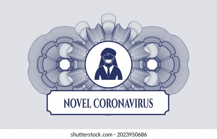 Blue passport money style rosette. Vector Illustration. Detailed with woman wearing face mask icon and Novel Coronavirus text inside