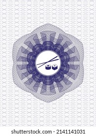Blue passport money style rosette. with sushi icon inside