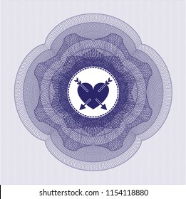 Blue passport money style rossete with heart with two arrows icon inside