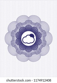 Blue passport money style rossete with sun behind cloud icon inside