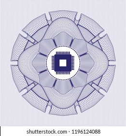 Blue passport money style rossete with microchip, microprocessor icon inside
