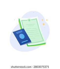 Blue passport with official document papers vector illustration. Identity card, travel visa, agreement contract, business license and citizen registration concept.