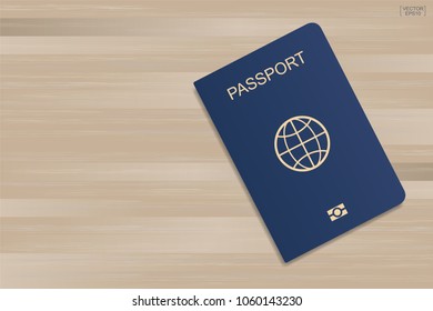 Blue passport on wood pattern and texture background. Vector illustration.