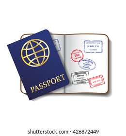 blue passport with open red stamp passport vector illustrations