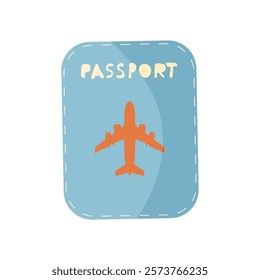 A blue passport with an orange airplane on it. The airplane is on the left side of the passport