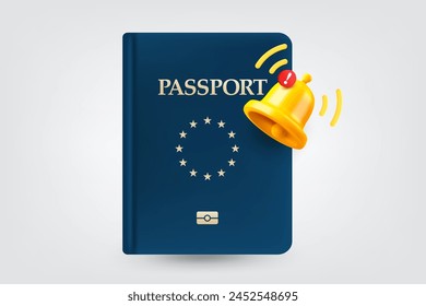 Blue passport with ringing bell. Vector 3d illustration 