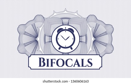 Blue passport rosette with alarm clock icon and Bifocals text inside