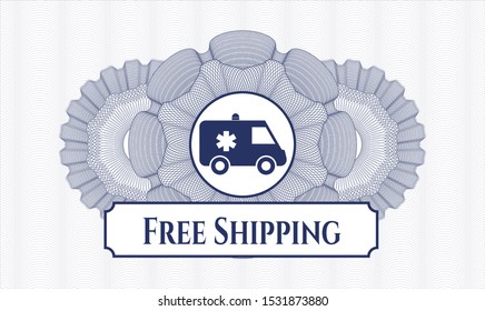 Blue passport rosette with ambulance icon and Free Shipping text inside