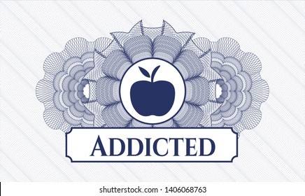 Blue passport rosette with apple icon and Addicted text inside