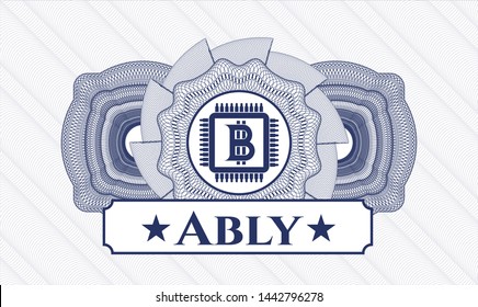 Blue passport rosette with bitcoin chip (cryptocurrency mining concept) icon and Ably text inside