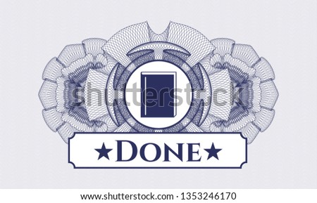 Blue passport rosette with book icon and Done text inside