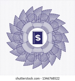 Blue passport rosette with book with money symbol inside icon inside