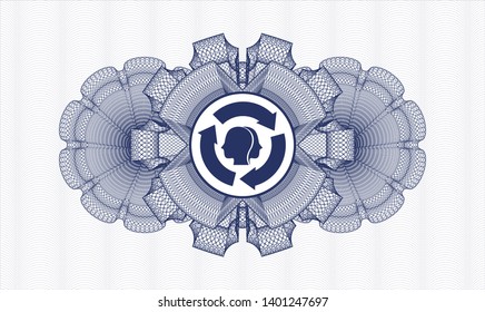 Blue passport rosette with brain storm icon inside