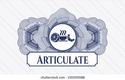 Blue passport rosette with breakfast  icon and Articulate text inside