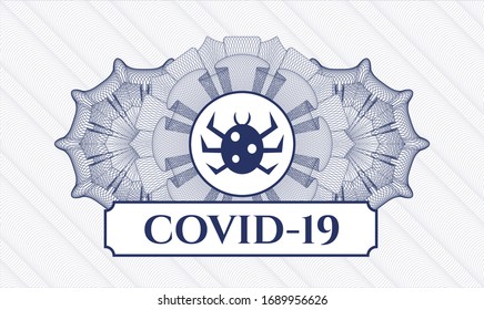 Blue passport rosette with bug icon and COVID-19 text inside