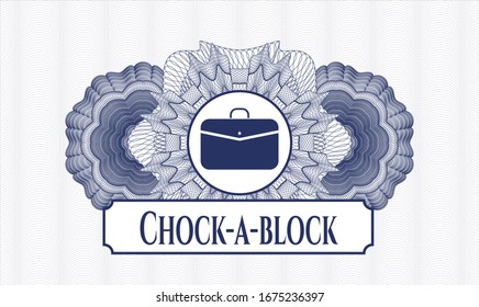 Blue passport rosette with business briefcase icon and Chock-a-block text inside