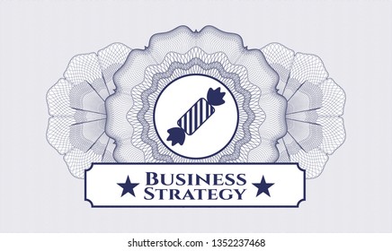 Blue passport rosette with candy icon and Business Strategy text inside