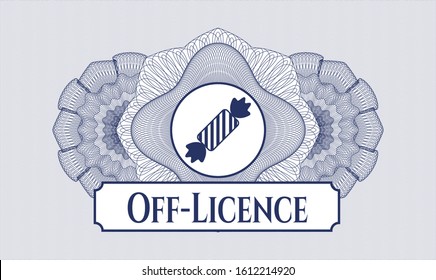 Blue passport rosette with candy icon and Off-Licence text inside