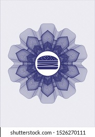Blue passport rosette with cheeseburger icon inside