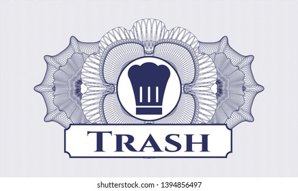 Blue passport rosette with chef hat icon and Trash text inside