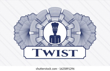 Blue passport rosette with chef icon and Twist text inside