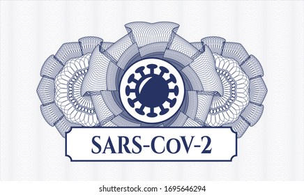 Rosette de pasaportes azules con icono de coronavirus y texto SARS-CoV-2 dentro