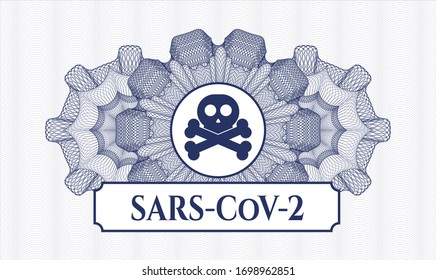 Blue passport rosette with crossbones icon and SARS-CoV-2 text inside