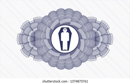 Blue passport rosette with dead man in his coffin icon inside