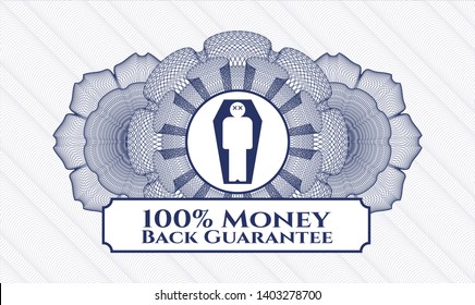 Blue passport rosette with dead man in his coffin icon and 100% Money Back Guarantee text inside